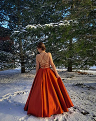 Best Burnt Orange Satin Prom Dress with Pockets A Line