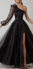 A-line Black One Shoulder Elegant Long Formal Prom Dresses