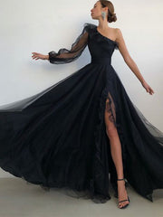A-line Black One Shoulder Elegant Long Formal Prom Dresses