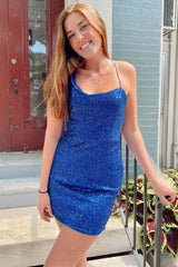 Asymmetrical Straps Blue Sequined Fitted Short Homecoming Dress Cocktail