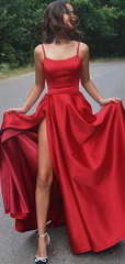 A-Line Red Satin Spaghetti Straps Formal Fashion Evening Long Prom Dresses