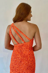 Sheath One Shoulder Orange Sequins Short Hoco Dress