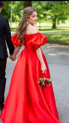 Bubble Sleeve Red A-line Satin Prom Dress,Evening Gowns Formal