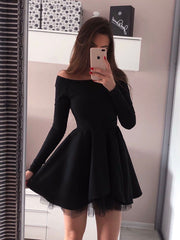Simple Black Short Prom Dresses with Sleeves,Off Shoulder Homecoming Dress