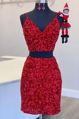 Two Piece Red Sequined Homecoming Dress, V-neck Tight Party Dress,Shor ...
