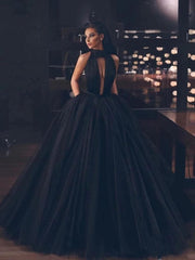 A-line Halter Black Tulle Evening Modest Long Prom Dresses