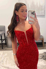 Straps Plunging Neck Navy Sequins Mermaid Prom Dress,Red Evening Gowns